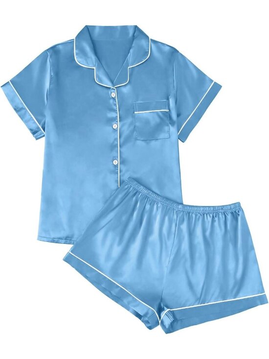 Pants - Women's Light Blue Silk Satin Pajama 2 Piece Sleepwear Button Down Short Shirt